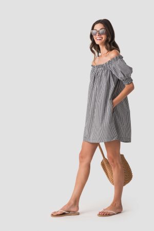 Olivaceous Gingham Puff Sleeve Mini Dress