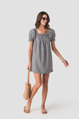 Olivaceous Gingham Puff Sleeve Mini Dress