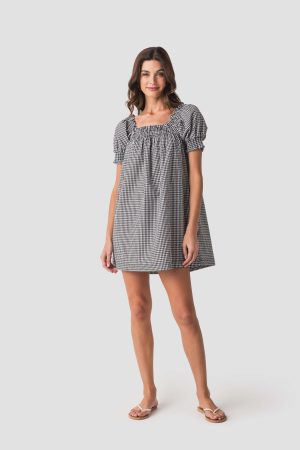 Olivaceous Gingham Puff Sleeve Mini Dress